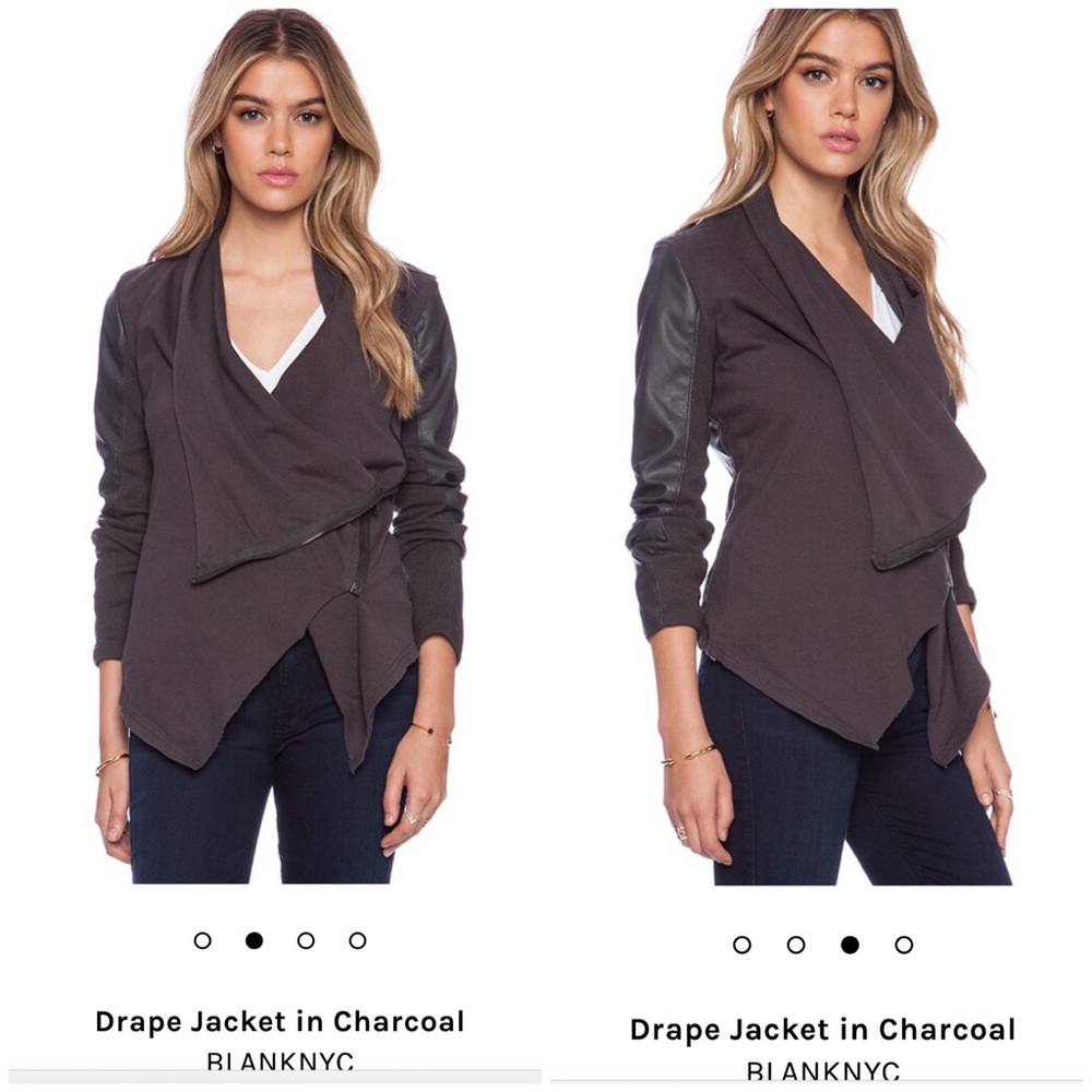 BlankNYC Drape Faux Leather Jacket with zipper. Asymmetrical charcoal grey Small